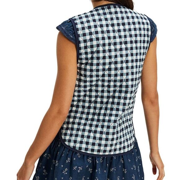 Free People Claudine Gingham Check Print Vest in Navy Combo NWOT - Picture 3 of 7